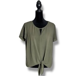 Pink Rose Olive Tie-Front Keyhole Cutout Short Sleeve Shear Crop Crewneck Blouse